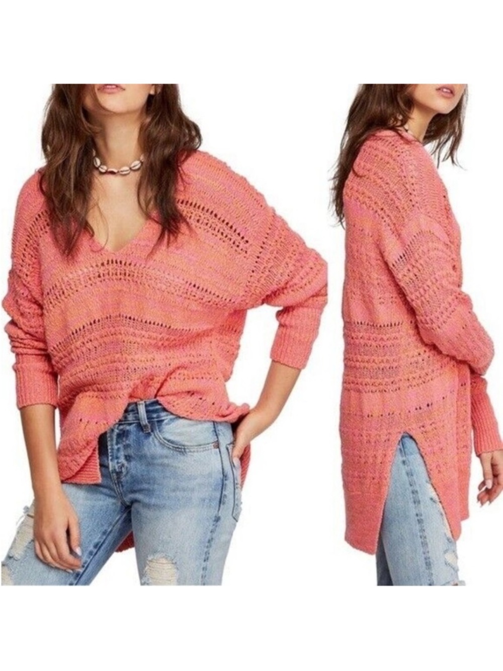 Free people hot tropics pullover sweater open knit oversized spring orange XS